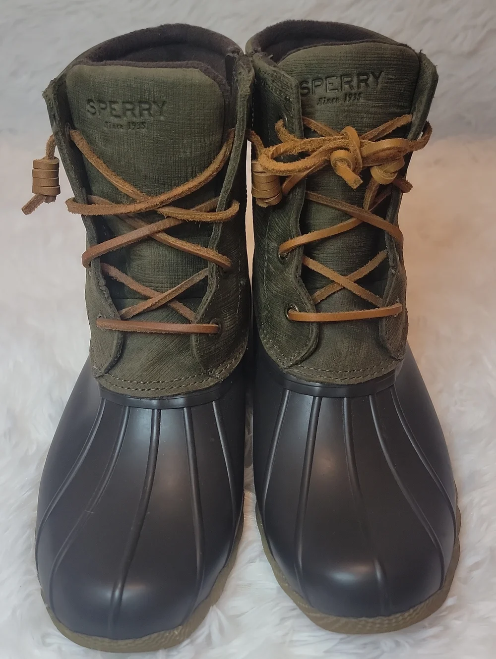 Sperry Olive Canvas Brown Rubber Lace-Up Waterproof Duck Boots. Sz 9.5. STS99729